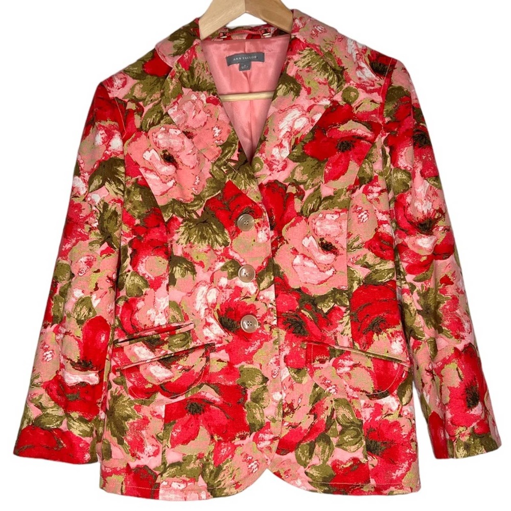 Ann Taylor Floral Silk 3 Button Blazer Women's Red Silk Blazer Pink Floral Sz 6